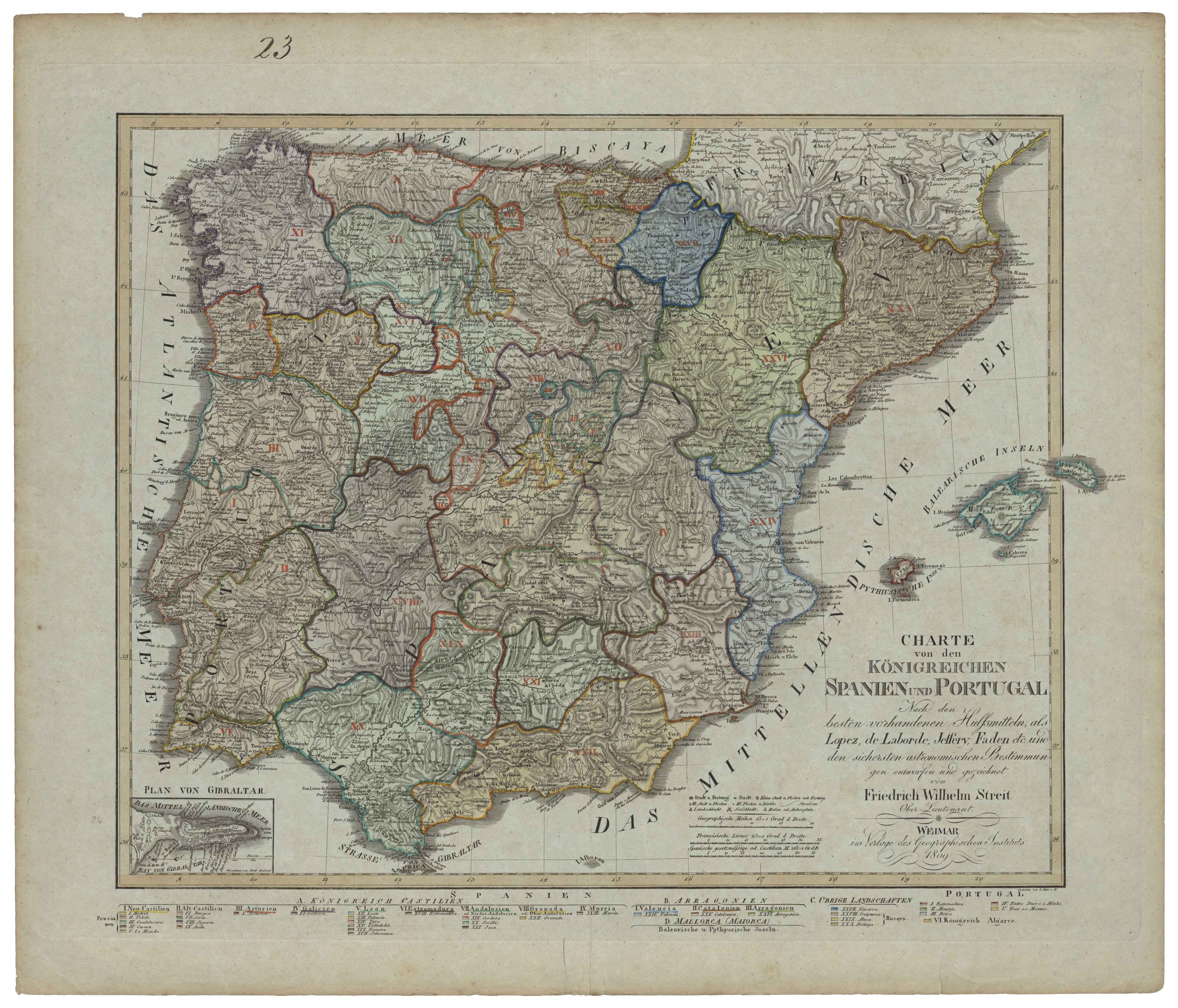 Charte von Königreinchen Spanien und Portugal Friedrich Wilhelm Streit Verlage des Geographischen Instituts Weimar Weimar, 1809