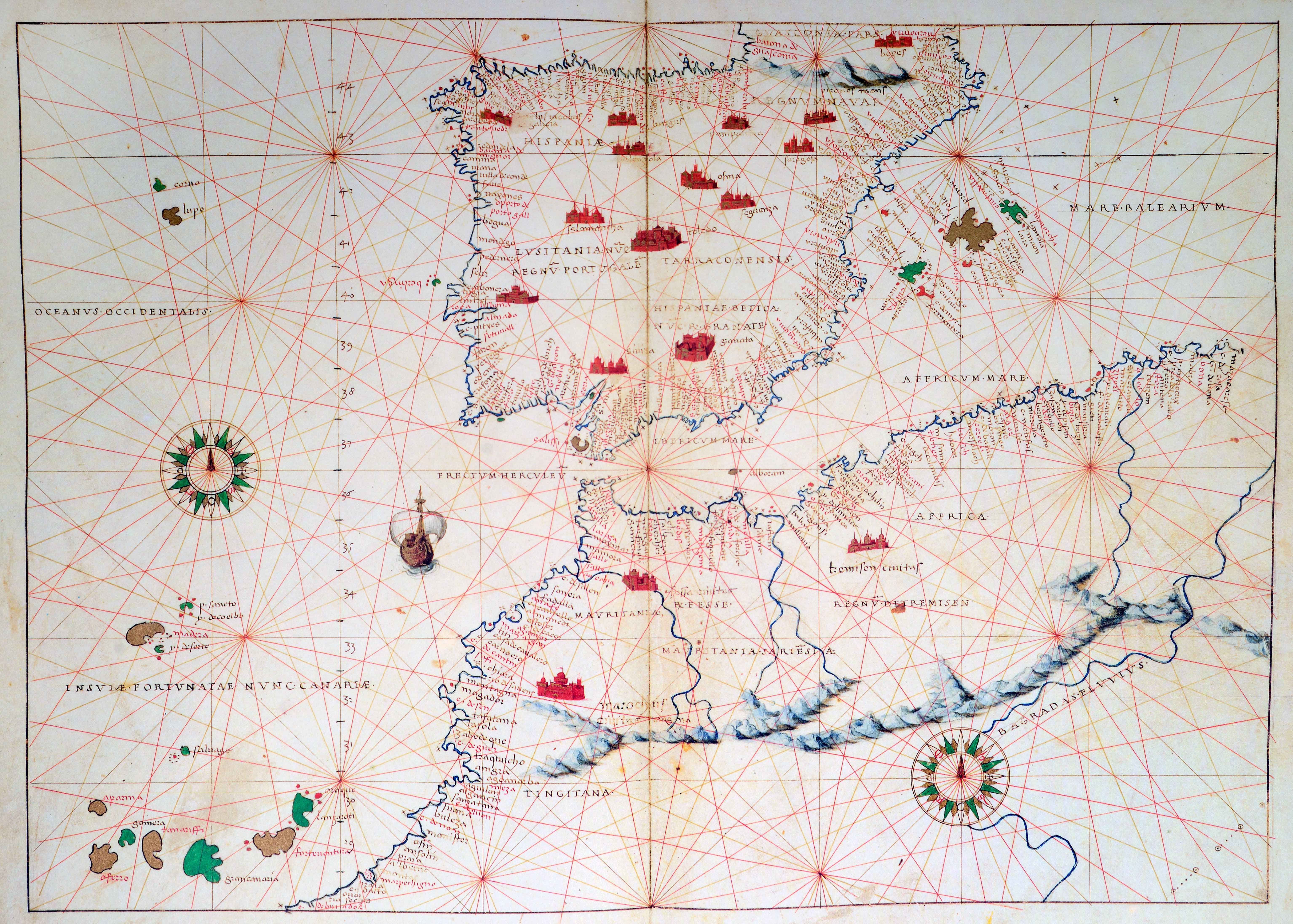 [Iberiar Penintsulako eta Afrika Ipar-ekialdeko karta portulanoa] [Battista Agnese] Eskuizkribua [Venezia] [1553 inguru