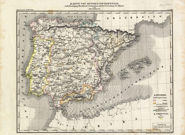 Karte von Spanien und PortugalJoh. Val. KutscheitHenderschen KunstanstaltFriburgo [1850 inguru]
