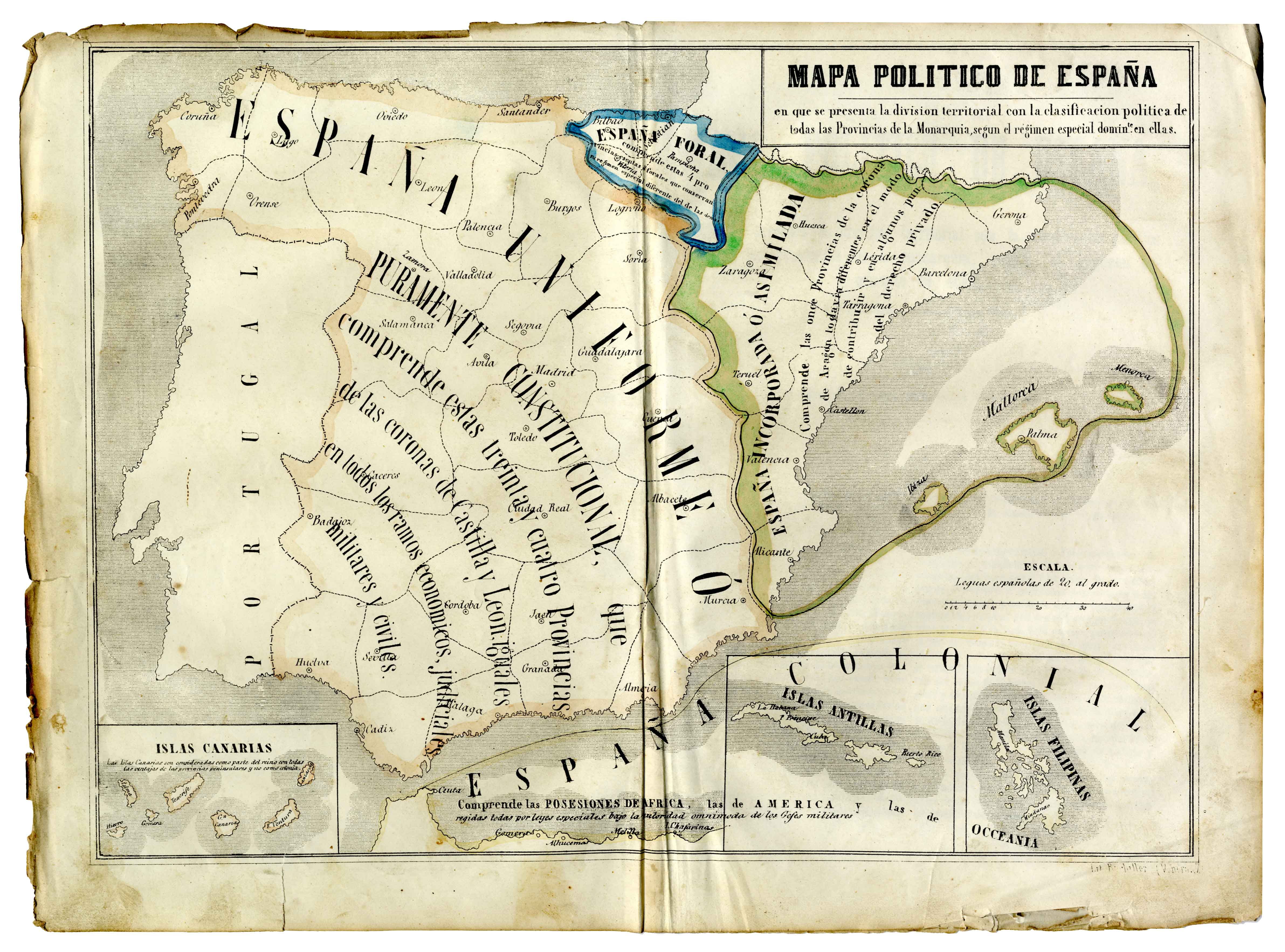 Mapa político de España en que se presenta la división territorial con la clasificación de todas las Provincias de la Monarquía según el régimen legal especial común en ellas [Francisco Jorge Torres Villegas] [Jose María Alonso] [Madril] [1852]