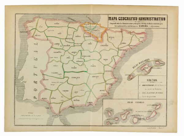 Mapa geográfico administrativo: comprende todas las administraciones principales y partidos de rentas existentes para la recaudación de las contribuciones en España y adyacencias [Francisco Jorge Torres Villegas] [José María Alonso] [Madril] [1852]