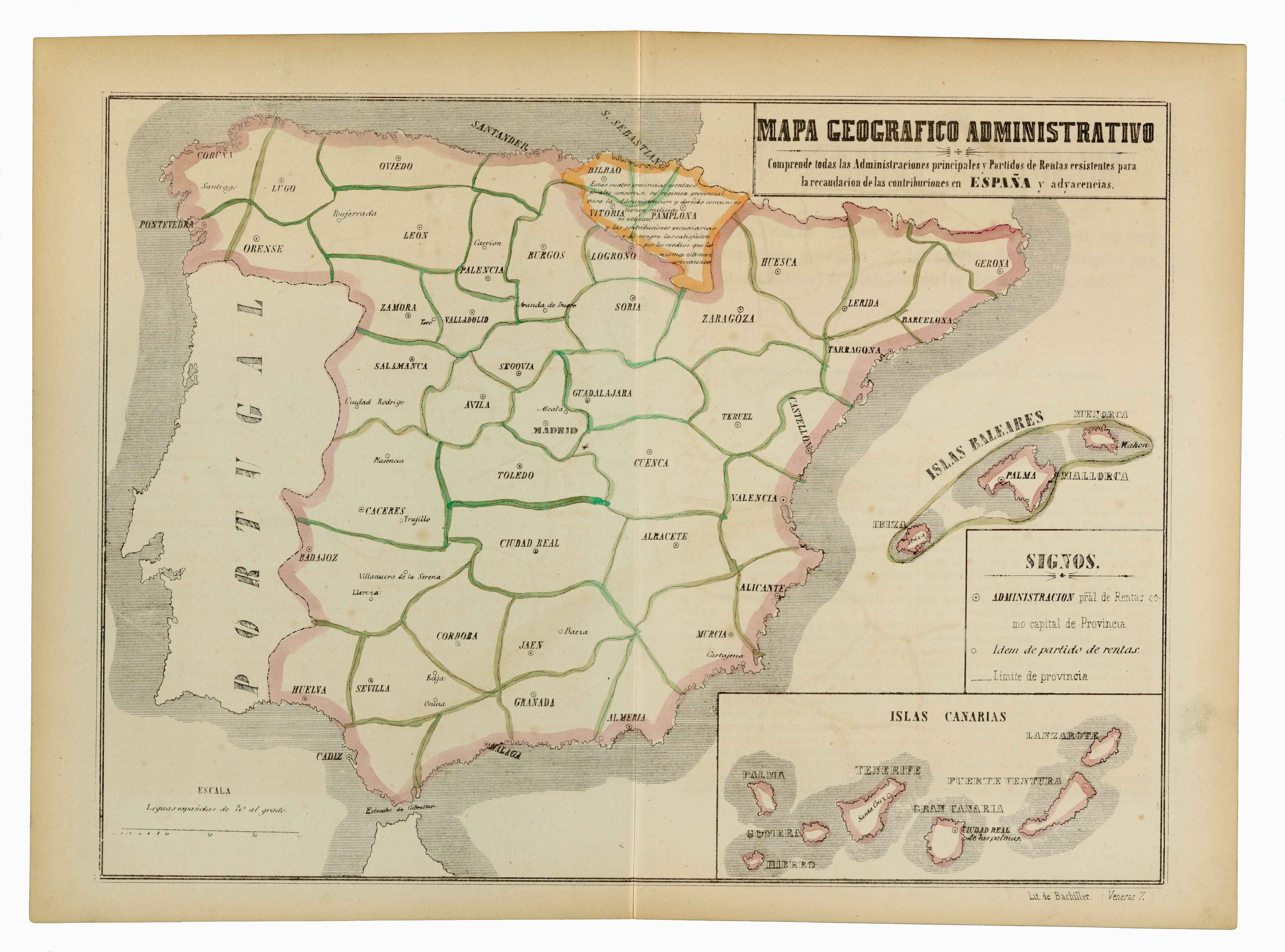 Mapa geográfico administrativo: comprende todas las administraciones principales y partidos de rentas existentes para la recaudación de las contribuciones en España y adyacencias [Francisco Jorge Torres Villegas] [José María Alonso] [Madril] [1852]