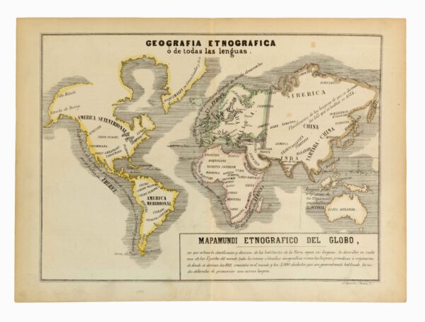 Mapamundi etnográfico del globo, en que se hace la clasificación y división de los habitantes de la Tierra según sus lenguas...[Francisco Jorge Torres Villegas] [José María Alonso] [Madril] [1852]