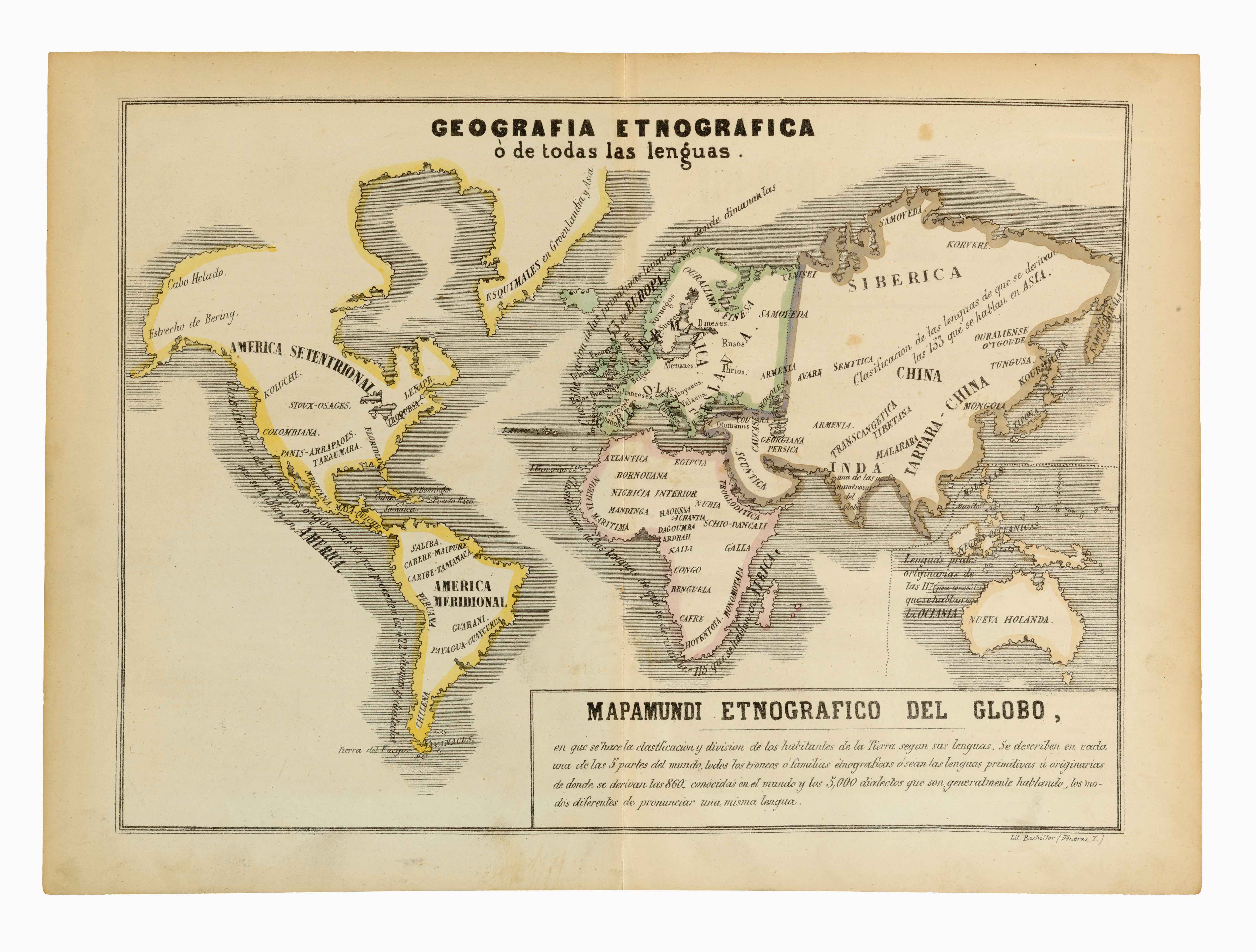 Mapamundi etnográfico del globo, en que se hace la clasificación y división de los habitantes de la Tierra según sus lenguas...[Francisco Jorge Torres Villegas] [José María Alonso] [Madril] [1852]