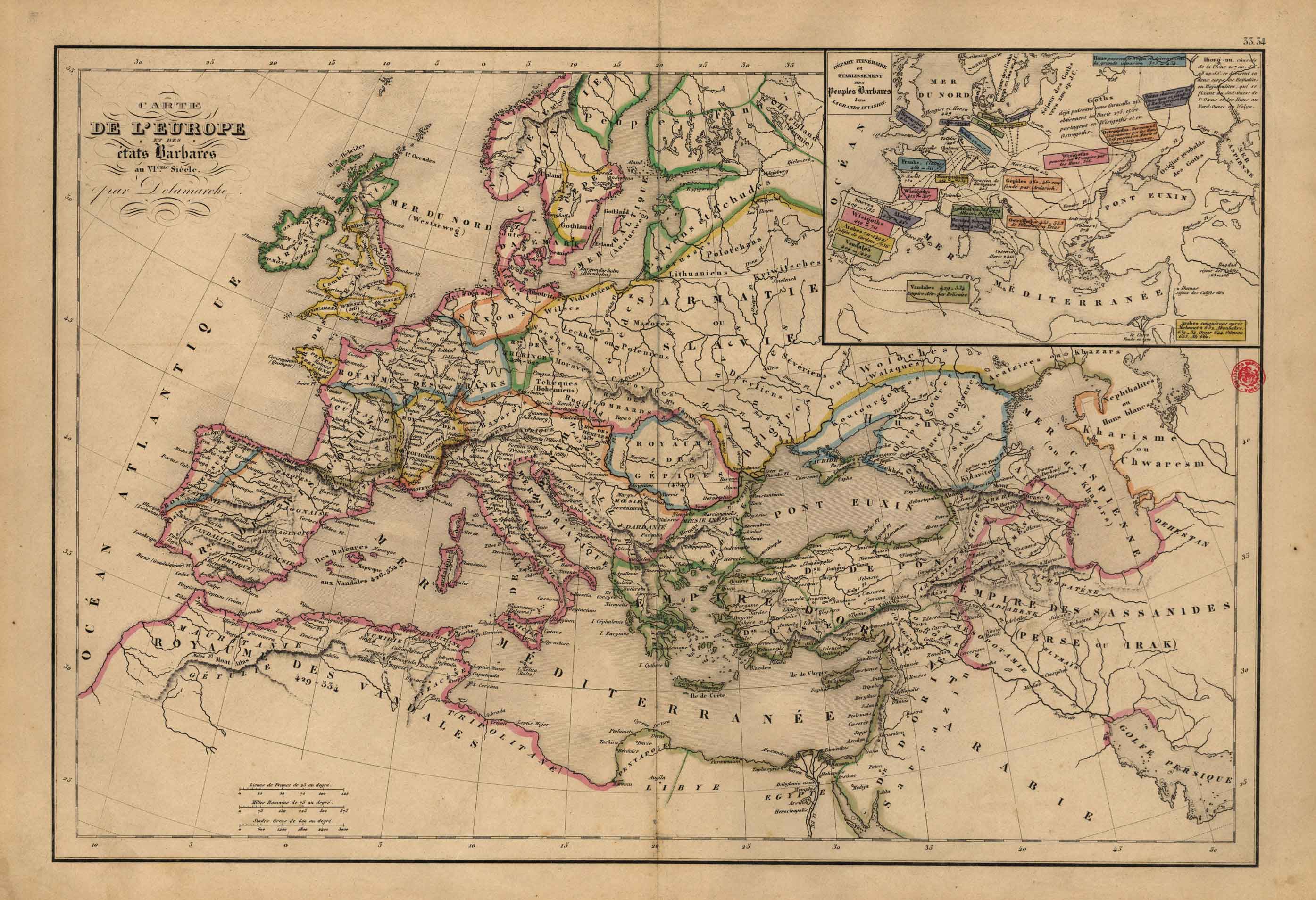 Carte de l’Europe et des éta ts Barbares au VIéme siecle A. Delamarche [Aug. Grosselin et C.] [Paris] [1857 inguru]