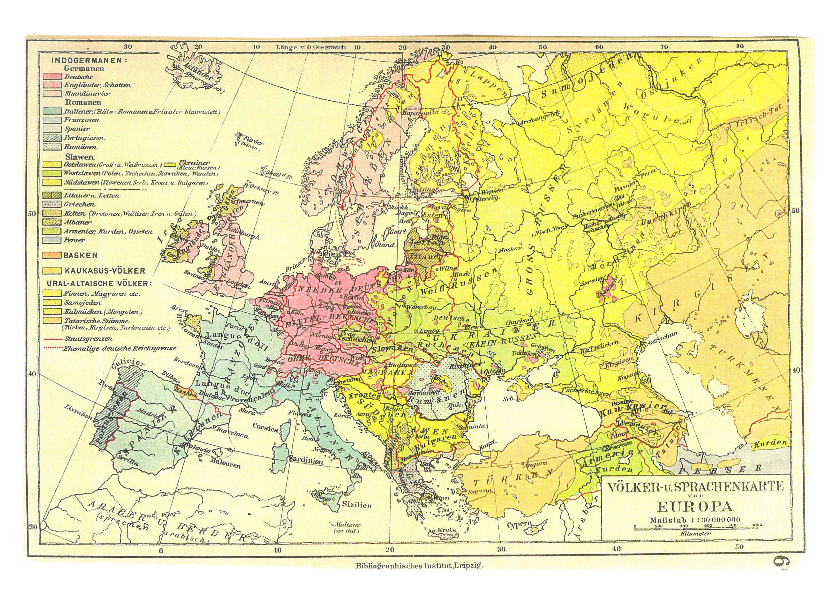 Europa. Völker - und Sprachenkarte eg. g. Bibliographisches Institut Leipzig [1874 inguru]