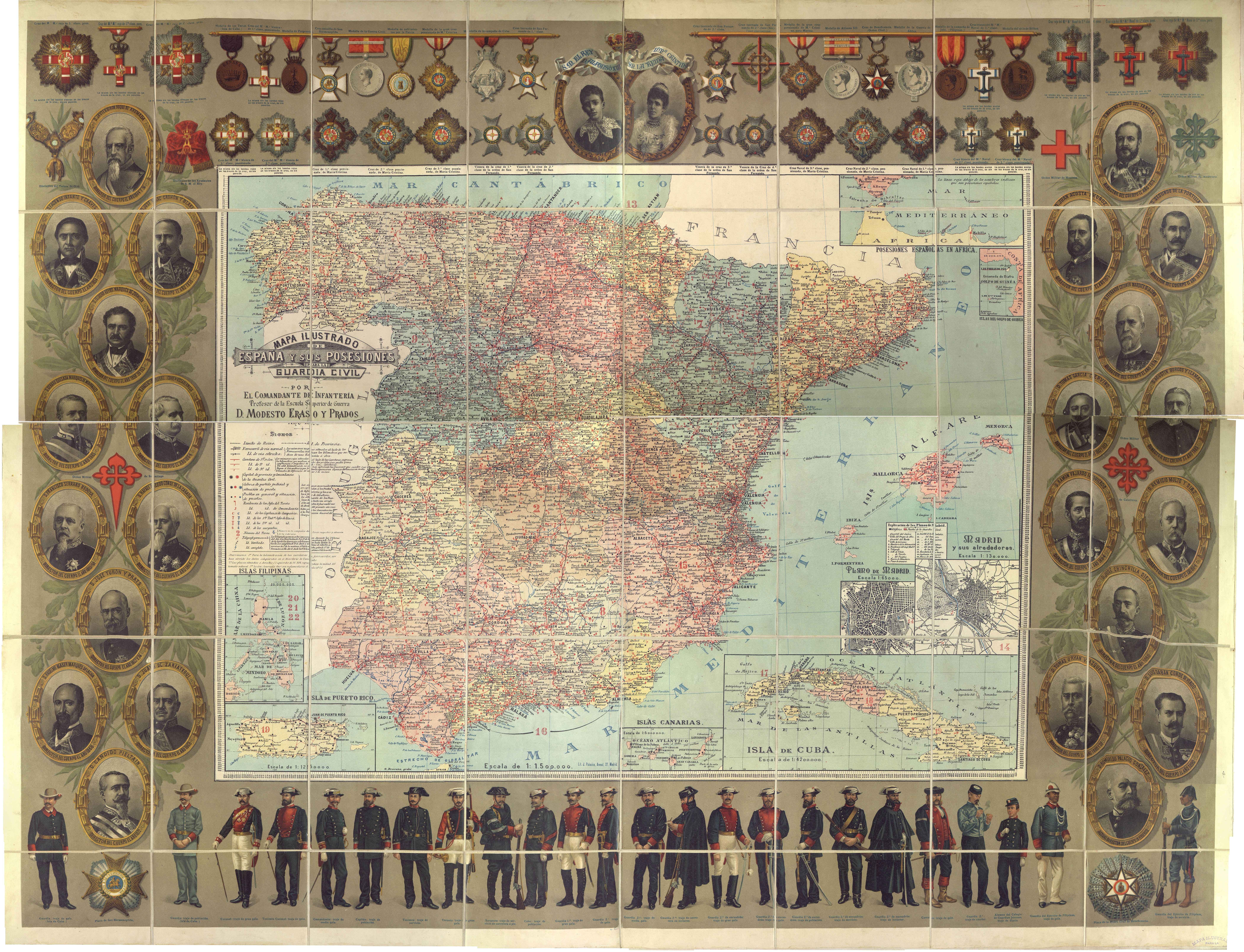 Mapa ilustrado de España y sus posesiones para la Guardia Civil