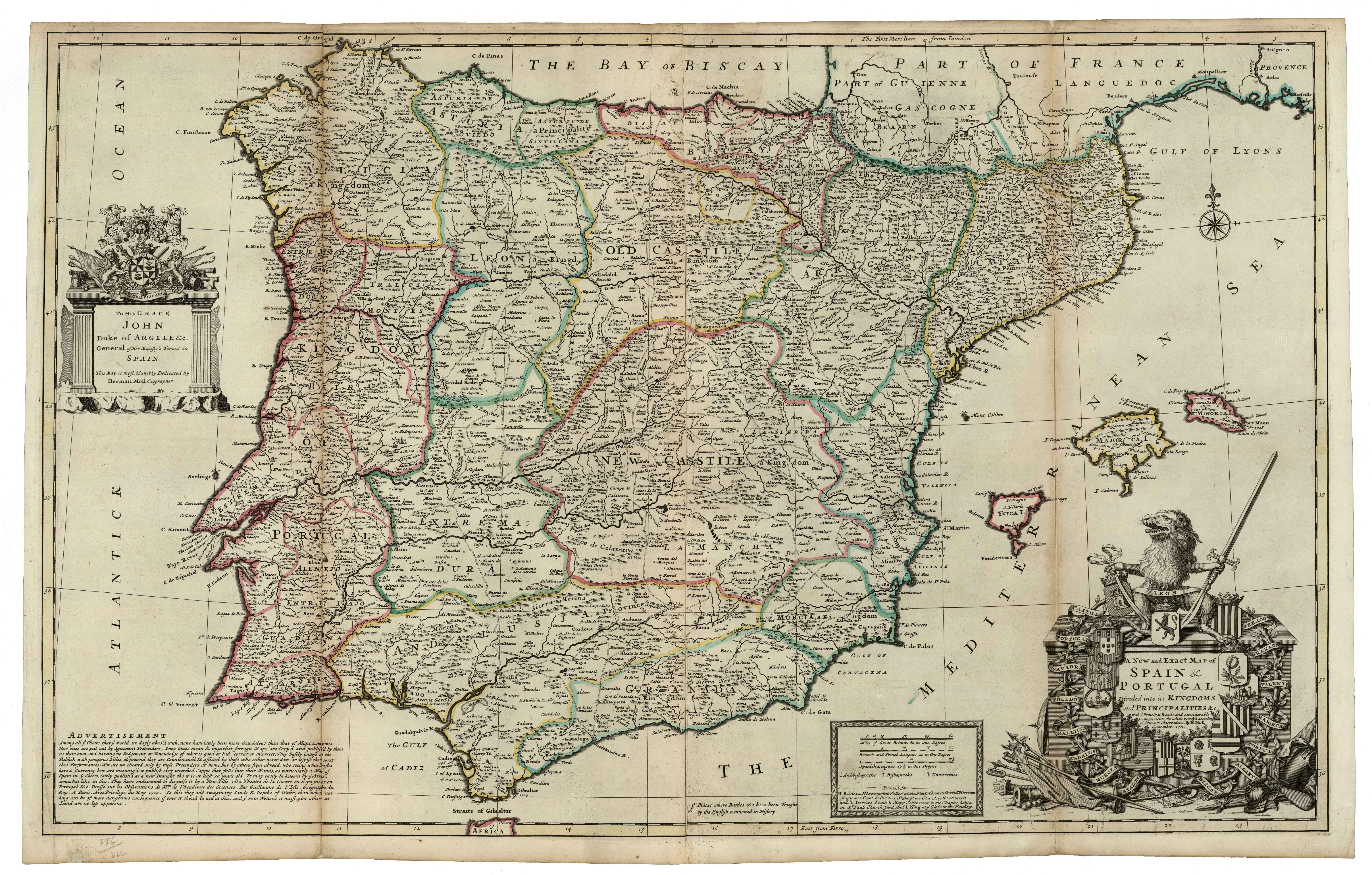A New and Exact Map of Spain & Portugal H. Moll [H. Moll] [Londres] 1711