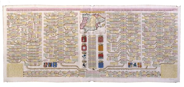 Carte Genealogique des rois de Navarre de Castille D’Arragon de Portugal et de Grenade rangée en parallele avec la carte D’Espagne qui distingue las diverses situations de leurs etats leurs armes et alliances [Henri Abraham Chatelain] [Chez L’Honoré & Chatelain] [Amsterdam] [1720]