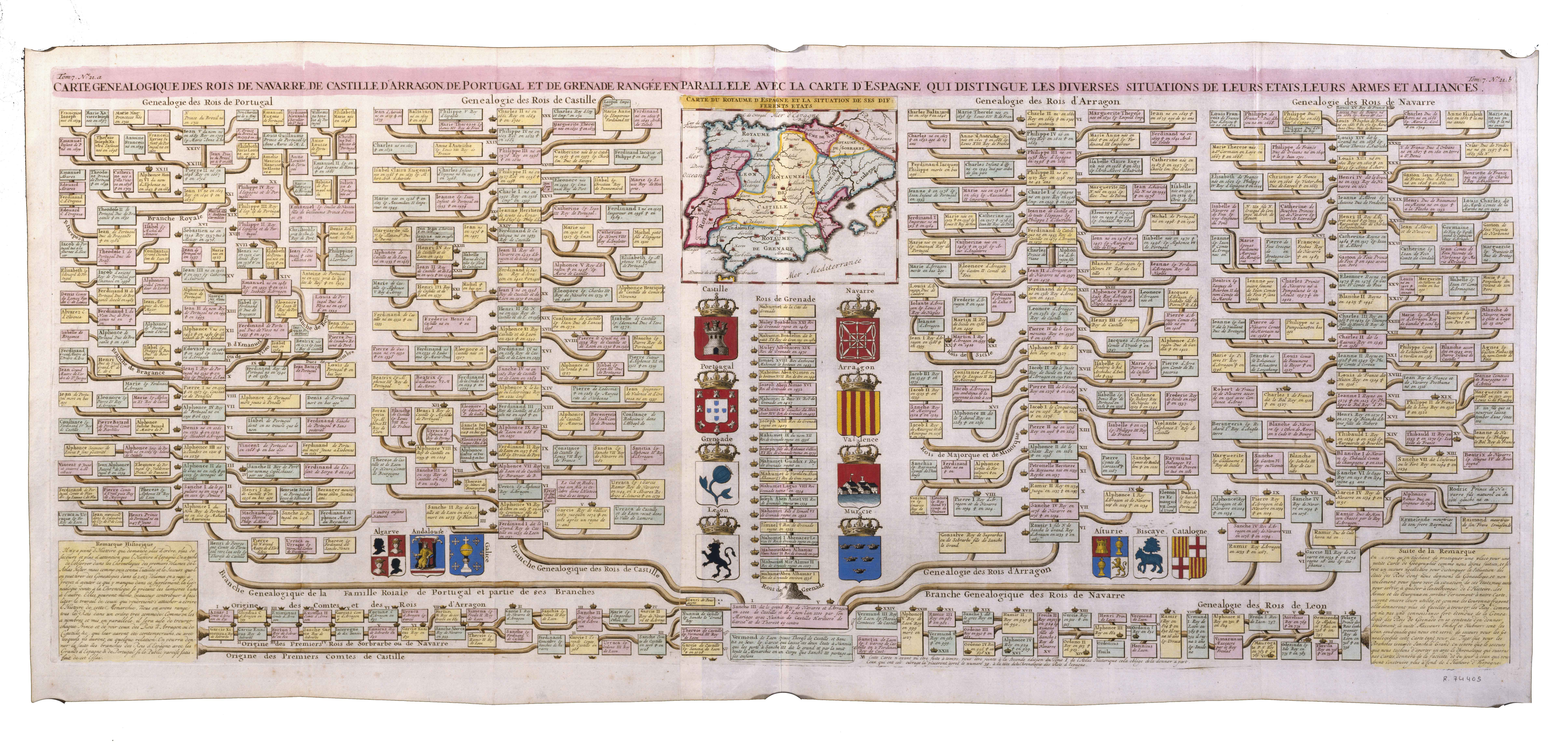 Carte Genealogique des rois de Navarre de Castille D’Arragon de Portugal et de Grenade rangée en parallele avec la carte D’Espagne qui distingue las diverses situations de leurs etats leurs armes et alliances [Henri Abraham Chatelain] [Chez L’Honoré & Chatelain] [Amsterdam] [1720]