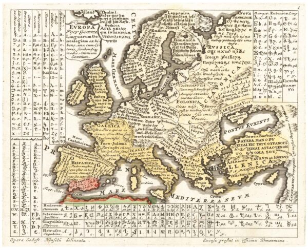 Europa Poly Glottia Linguarum Geneologiam exhisbens, una cum Literis, Scribendiqus. Modis, Omnium Gentium Gottfried Hensel Herederos de Homann [Nuremberg] [1730]