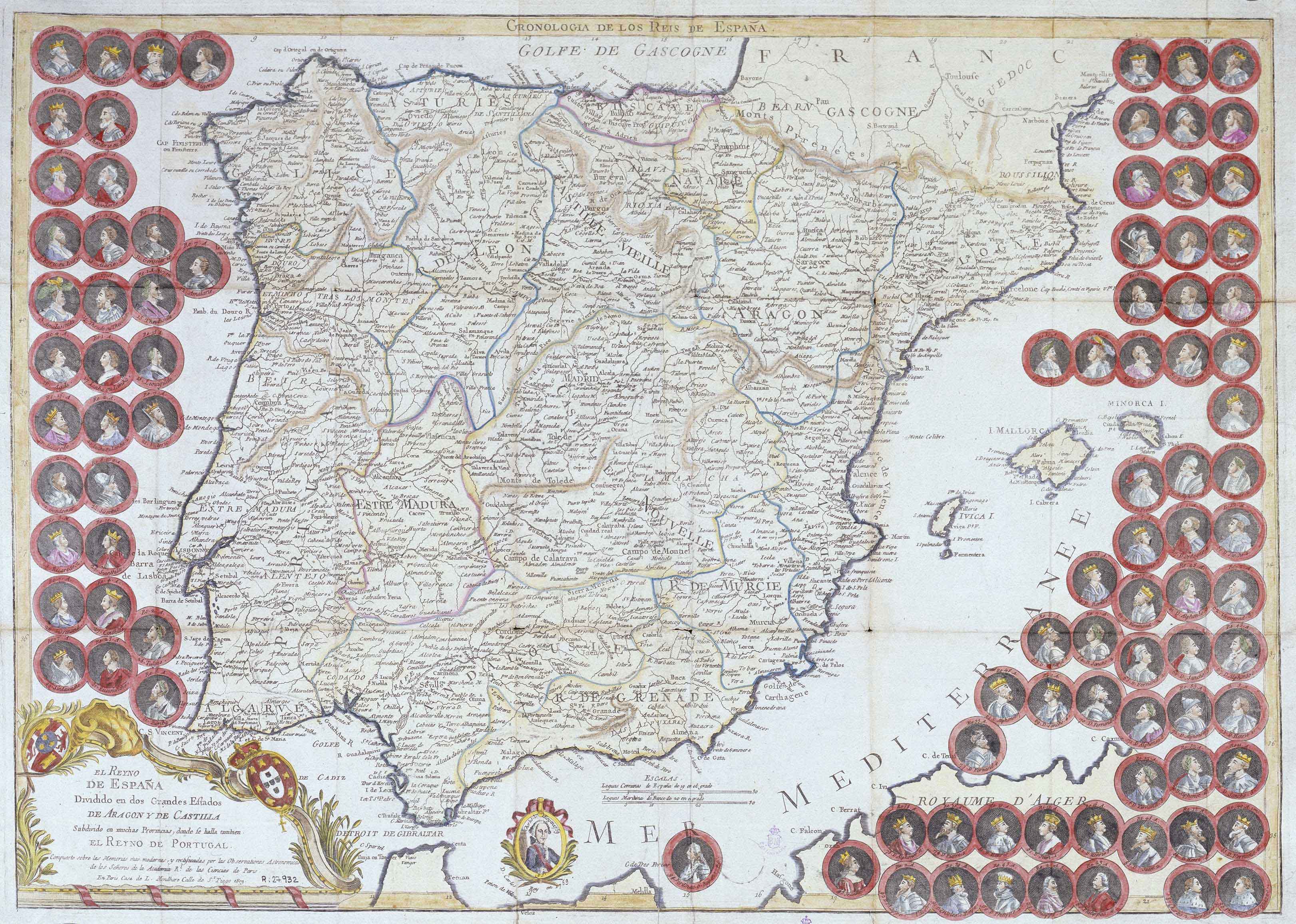 El reyno de España dividido en dos grandes estados de Aragón y de Castilla, subdividido en muchas provincias, donde se halla también el Reino de Portugal Louis Joseph Mondhare L. Mondhare Paris, 1809